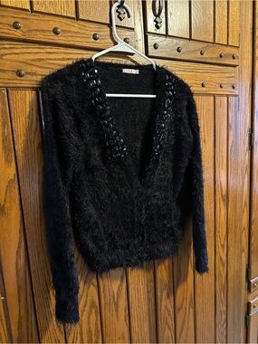 Billieblush Girls Black Fuzzy Beaded Cardigan Sweater Size 12A / 12 Years